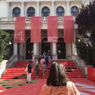 The entrance to the national theatre in Sarajevo during the Film Festival with the red carpet on the stairs