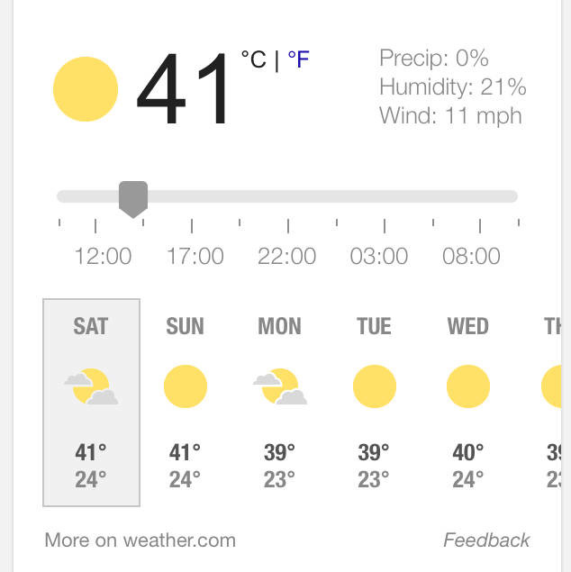 A screenshot of the weather forecast one summer in Mostar, showing 41 Celcius