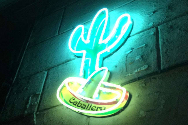 A neon light in the shape of a cactus on the wall outside a Mexican restaurant in Sarajevo