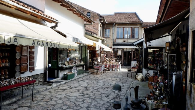 The copper alley corner of Baščaršija, with a number of small copper craft stores