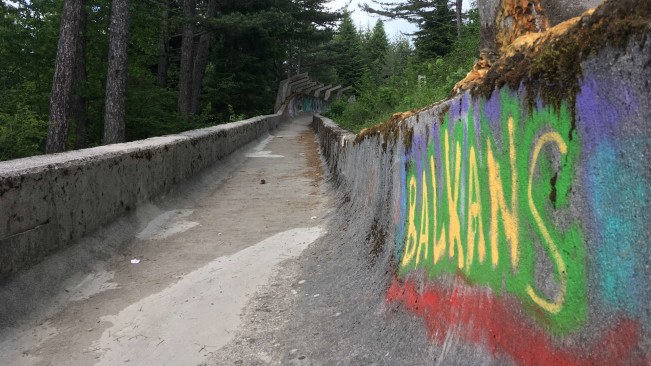 The abandoned bobsled track from the 1984 winter olympics on Mt. Trebević decays in the forest